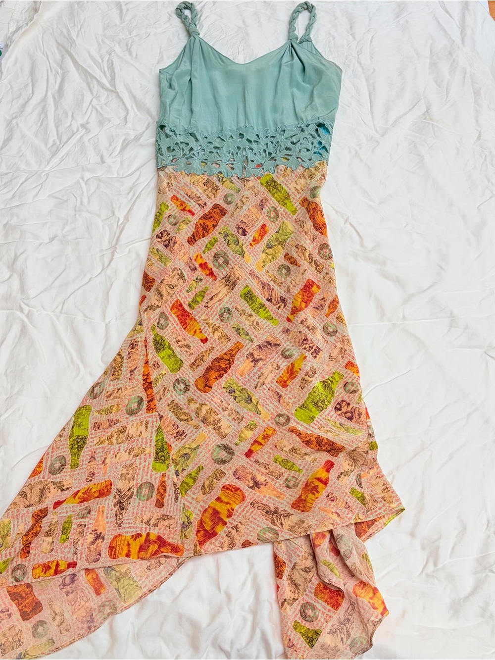 Vintage Shanghai Tang Silk Dress in Mint Green with Printed Asymmetrical Skirt
